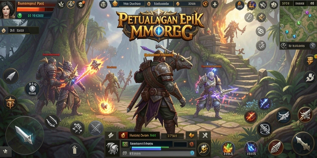 Screenshot dari gameplay MMORPG dengan pertarungan epik dan petualangan.