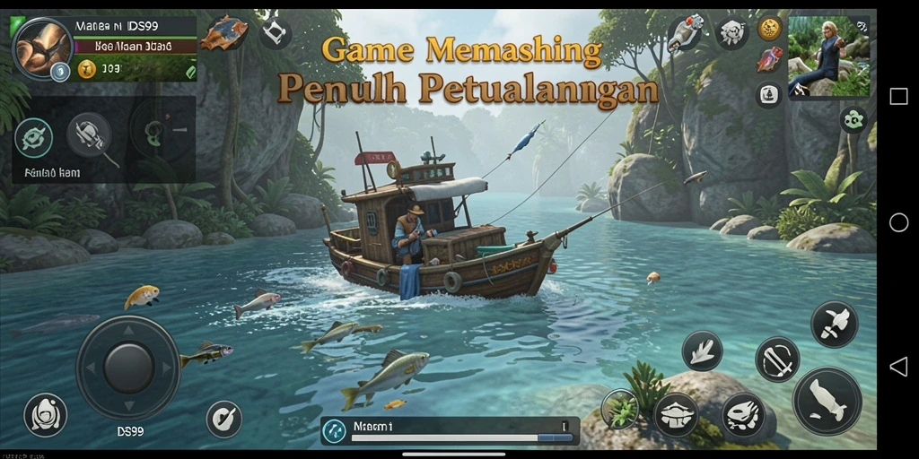 Screenshot utama DS99 menampilkan pemain sedang memancing di danau yang indah.