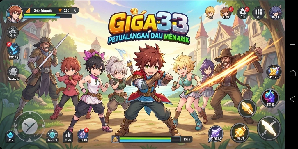Screenshot gameplay GIGA33 dengan karakter anime yang menonjol.
