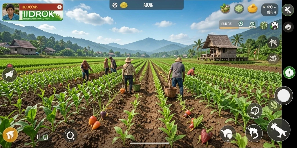 Tampilan menarik dari gameplay IDROK dengan kebun yang subur.