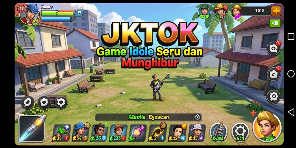 Screenshot gameplay JKTOK menampilkan karakter dan sumber daya yang sedang dikelola.