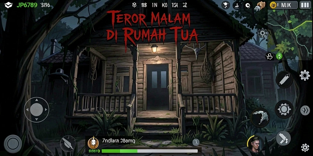 Tampilan gameplay mengerikan di rumah tua penuh hantu.