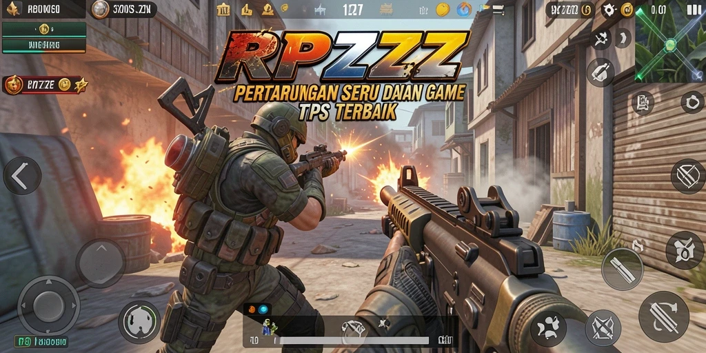 Screenshot gameplay RPZZZ yang menunjukkan aksi tembak-menembak seru di medan perang.