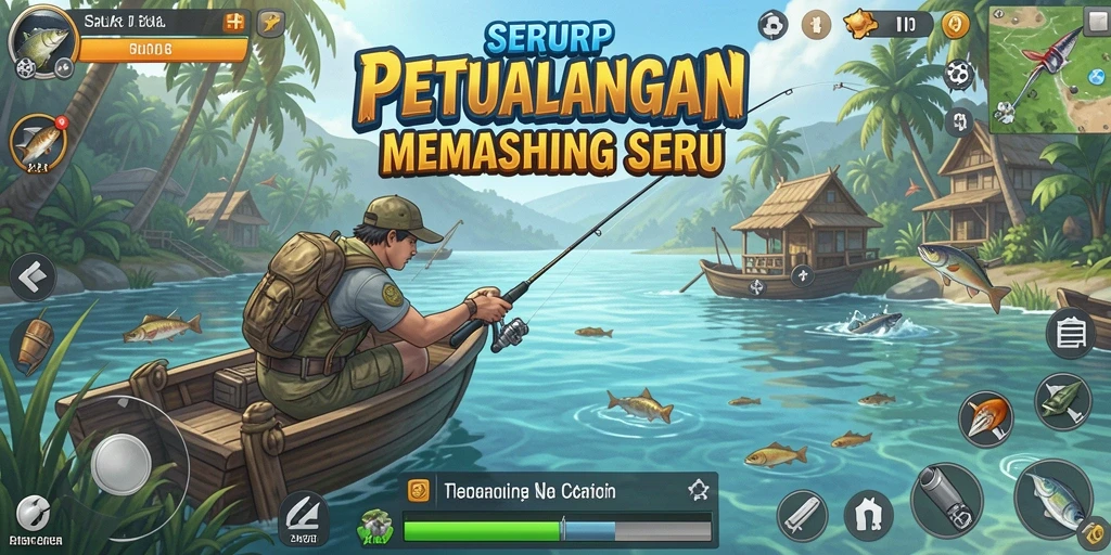 Tampilan gameplay SERURP yang menampilkan momen menangkap ikan.